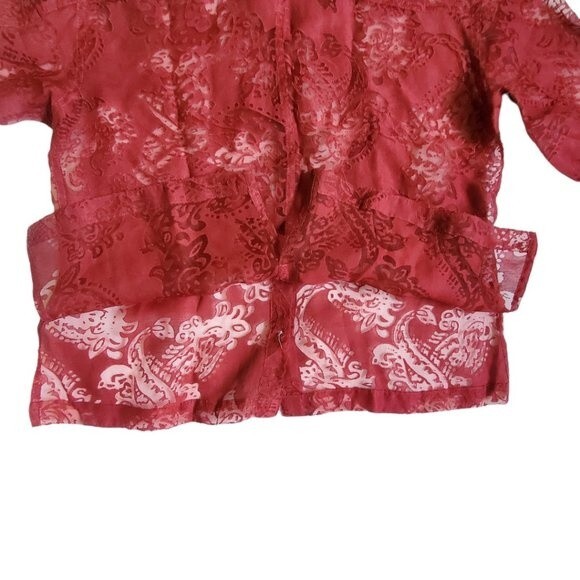 Mirasol Red Floral 3/4 Sleeve Semi-Sheer Button-Up Top Sz M - Picture 7 of 14